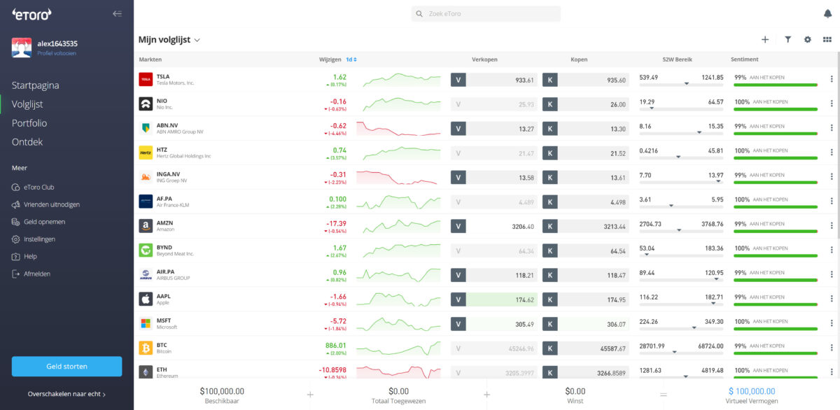 eToro trading applicatie